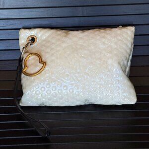 MONCLER Padded Down Clutch Bag Cream White w/ Chunky Keychain Strap NWOT